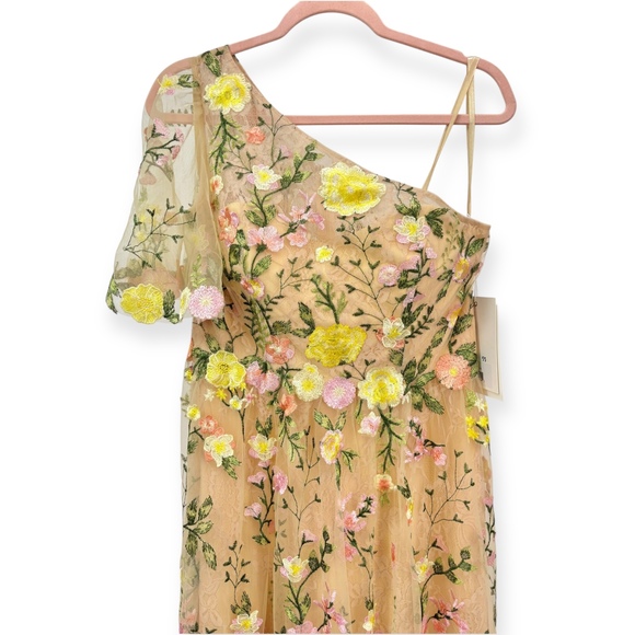 Mac Duggal NEW Yellow Floral One Shoulder Lace Embroidered Midi Dress - Size 10 - Picture 6 of 15